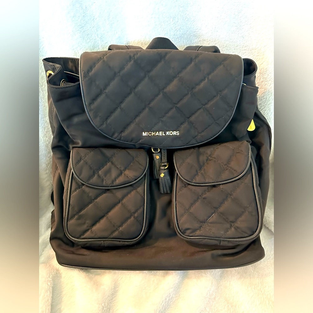 GUC Michael Kors Black Quilted Nylon Large Flap Backpack Haversack